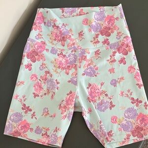 LoveShackFancy Mint Floral High-Rise Bike Shorts with Pink & Lavender Roses